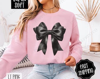 Coquette Black Bow Sweatshirt, Cute Bow Crewneck, Trendy Coquette Women's Sweater, Girly Coquette Bow Sweatshirt, Gift for Her