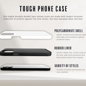 May include: A tough phone case with a white polycarbonate shell and a black rubber liner. The case is designed to protect your phone from drops and everyday wear and tear.  "TOUGH PHONE CASE" is written in bold letters at the top of the image.