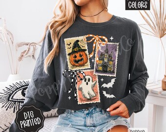 Halloween Stamps Long Sleeve TShirt, Trendy Women's Spooky Tee, Vintage Halloween Shirt, Spooky Season, Cute Halloween Party T-Shirt