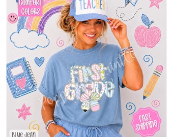 Comfort Colors® First Grade Teacher Bow Shirt, 1st Grade Matching Group T-Shirt, Coquette Educator Back to School Team Tee