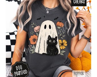 Camiseta de fantasma y gato Comfort Colors®, camiseta de fantasma de Halloween, camiseta de gato adorable de Halloween, regalo de Halloween para gato, camiseta de gato de temporada espeluznante