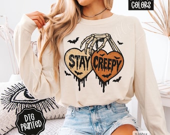 Stay Creepy Comfort Colors Long Sleeve T-Shirt, Cute Women's Halloween Tee, Cute Skeleton Shirt, Retro Halloween T-Shirt, Halloween Hearts
