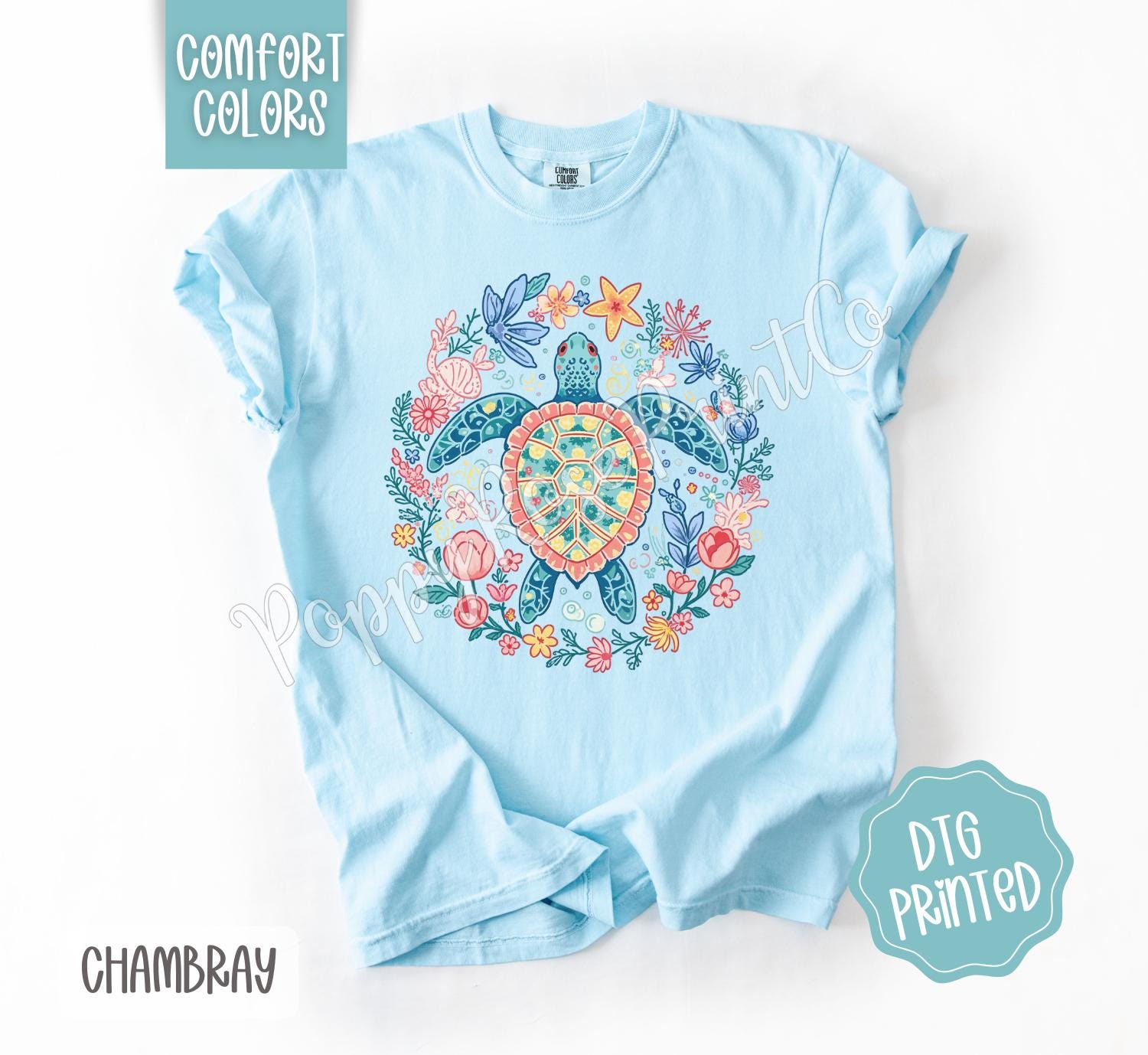 Turtle Comfort Colors Shirt, Cute Beach Tshirt, Trendy Summer Floral Tee, Oversized Beach Tee, Earth Day Shirt, Women's Tee, Gift for Her