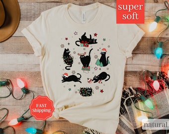 Camiseta de Natal de gato, camiseta de gato de Natal, Natal Meowy, camiseta de amante de gatos, camiseta de Natal, presente de Natal para mãe de gato, presentes para amante de gatos