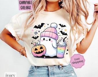 Ghost Coffee Halloween Shirt Comfort Colors, Cute Ghost Tshirt for Women, Spooky Season Shirt Oversized Crewneck Tee, Fall Season
