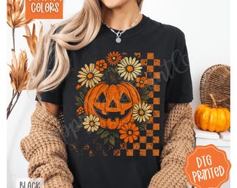 Camiseta de calabaza de Halloween con flores, colores cómodos, moderna camiseta de calabaza de Halloween, camiseta retro de Halloween, camiseta de temporada espeluznante, camiseta de flor de calabaza
