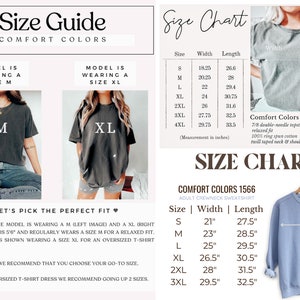 Pu&ograve; includere: Tabella delle taglie per t-shirt e felpe Comfort Colors. La tabella mostra le misure di larghezza e lunghezza in pollici per le taglie dalla S alla 4XL. L'immagine mostra anche un modello che indossa una t-shirt taglia M e una t-shirt taglia XL.