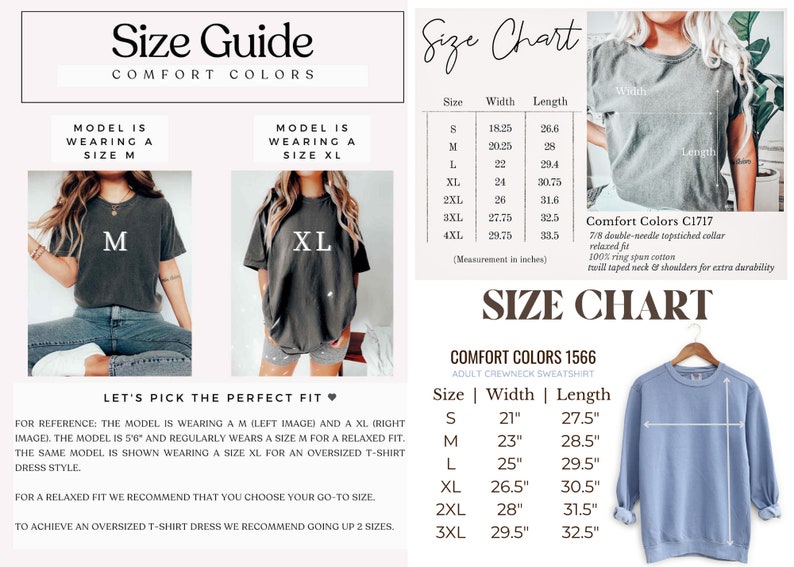 Pu&ograve; includere: Tabella delle taglie per t-shirt e felpe Comfort Colors. La tabella mostra le misure di larghezza e lunghezza in pollici per le taglie dalla S alla 4XL. L'immagine mostra anche un modello che indossa una t-shirt taglia M e una t-shirt taglia XL.