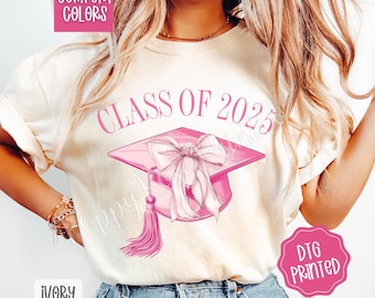 Pink Graduation Comfort Colors Shirt, Senior Tshirt, Cute Coquette Grad Hat Tee, Senior 2025 Shirt, Pink Bow TShirt, Gift for Her