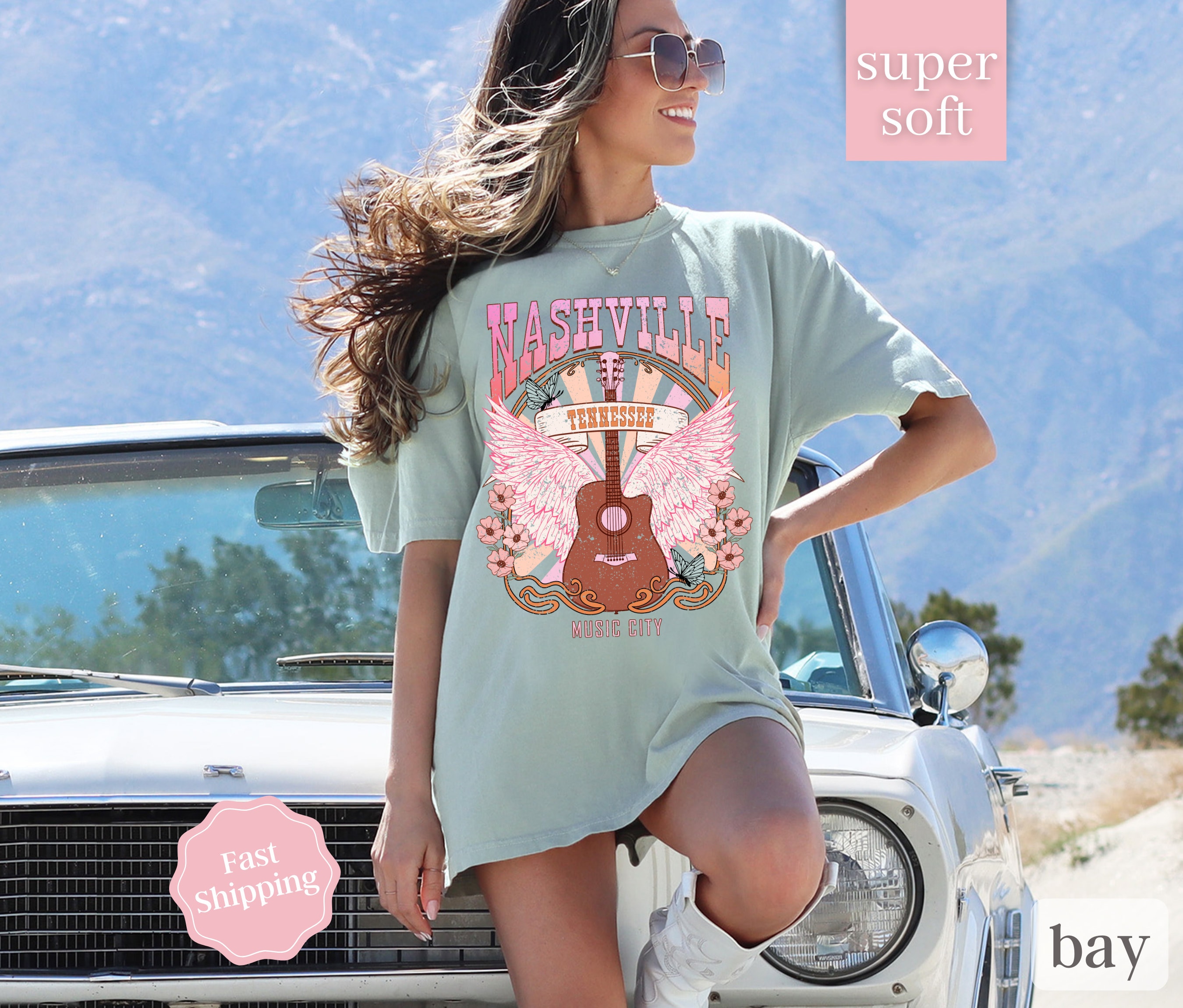 T-shirt Donna Vintage 'Nashville Tennessee', Stampa Musicale Country, Girocollo, Colore Blu, Taglia S