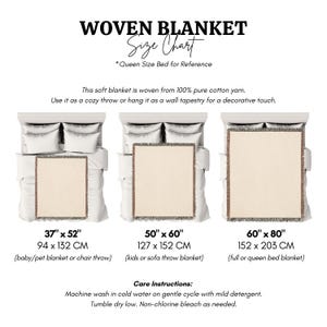 May include: A woven blanket size chart with three blanket sizes displayed on beds. The chart includes measurements in inches and centimeters, with options for baby/pet, kids/sofa, and full/queen bed sizes. The text reads "WOVEN BLANKET Size Chart."