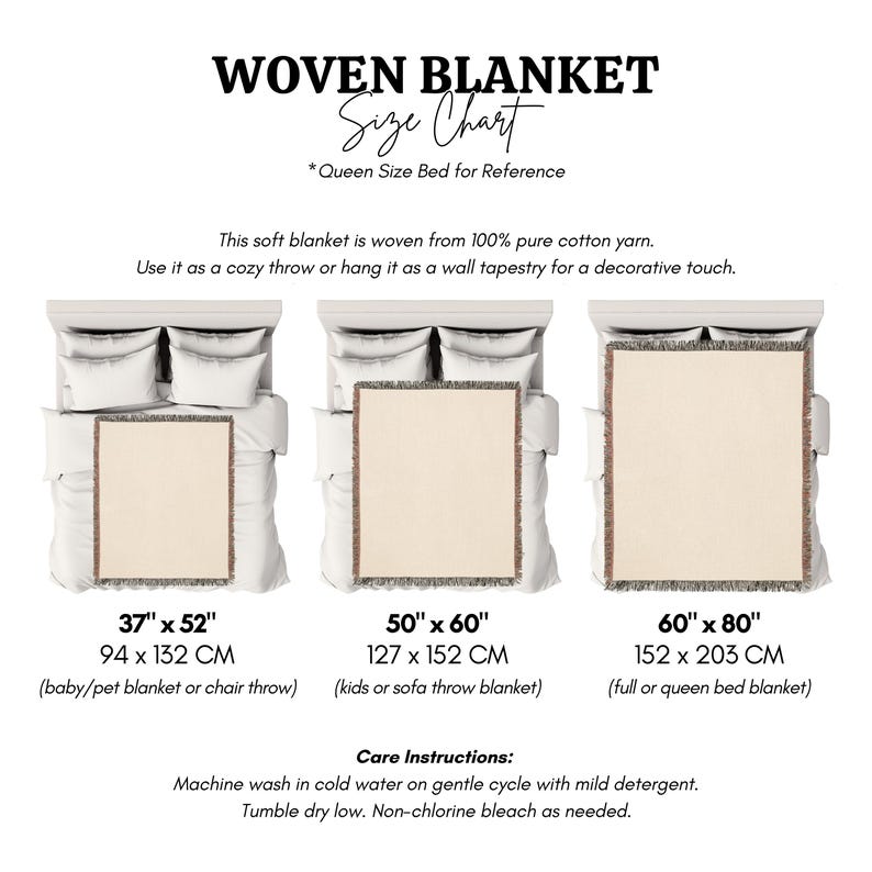 May include: A woven blanket size chart with three blanket sizes displayed on beds. The chart includes measurements in inches and centimeters, with options for baby/pet, kids/sofa, and full/queen bed sizes. The text reads "WOVEN BLANKET Size Chart."