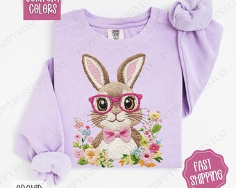 Faux Embroidered Bunny Print Comfort Colors Sweatshirt, Easter Women's Crewneck, Cute Women's Sweater, Spring Floral Bunny Sweater