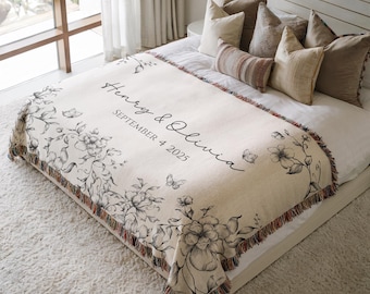 Personalized Wedding Blanket with Names & Date, Anniversary Engagement Throw, Custom Couple Gift, Bridal Shower or Bachelorette Present