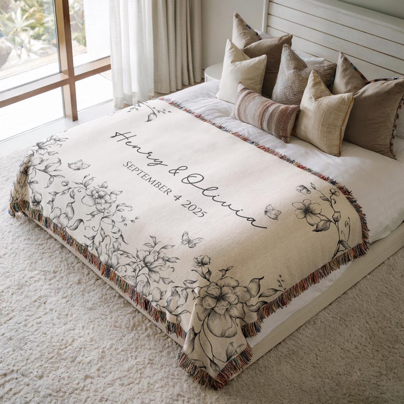 Personalized Wedding Blanket with Names & Date, Anniversary Engagement Throw, Custom Couple Gift, Bridal Shower or Bachelorette Present