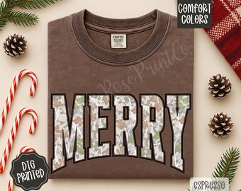 Camo Merry Comfort Colors Shirt, Trendy Women's Holiday Crewneck, Cute Camo Christmas T-Shirt, Hunting Wife Shirt, Camouflage Xmas Tee