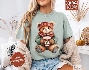 Holiday Bear Shirt Comfort Colors, Cute Christmas Tee, Women's Holiday Shirt, Vintage Xmas Teddy Bear Tee, Holiday Party Shirt, Gift for Her