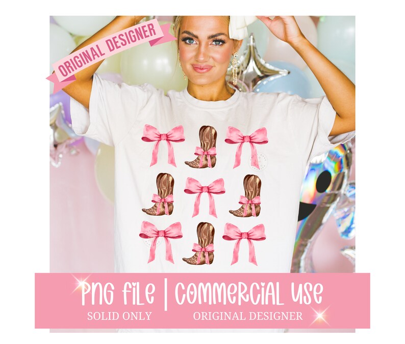 May include: A white t-shirt with a design of pink bows and brown cowboy boots. The design is repeated across the shirt.  The shirt is being worn by a person.