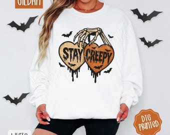 Stay Creepy Sweatshirt, Trendy Halloween Crewneck, Cute Skeleton Sweater, Retro Halloween Sweatshirt, Halloween Hearts, Spooky Season Gift