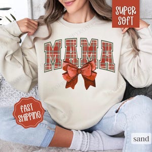 Mama Christmas Sweatshirt, Merry Christmas Sweater for Mom, Women&#39;s Holiday Crewneck, Christmas Mama Bow Sweater, Gift for Mom