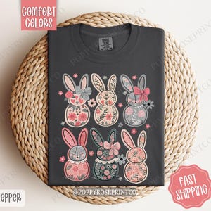 Floral Bunnies Shirt Comfort Colors, Easter Women's Tee, Cute Women's Tshirt, Spring Bunny Shirt, Trendy Easter TShirt, Gift for Her