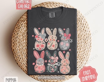 Floral Bunnies Shirt Comfort Colors, Easter Women's Tee, Cute Women's Tshirt, Spring Bunny Shirt, Trendy Easter TShirt, Gift for Her
