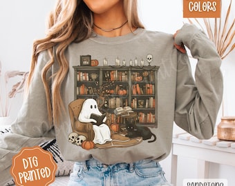 Retro Ghost Reading Books Long Sleeve TShirt, Librarian Ghost Halloween, Halloween Teacher Tee, Halloween Shirt, Teacher Gift, Boo School