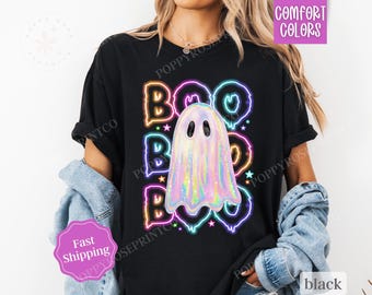 BOO Ghost Neon Shirt Comfort Colors Halloween Tshirt,  Women's Holiday Tee, Halloween Party Tshirt, Spooky Season Tee, Gift for Her
