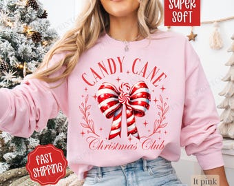 Candy Cane Christmas Club Sweatshirt, Christmas Sweater, Women's Holiday Crewneck, Christmas Candy Sweatshirt, Holiday Sweater, Gift for Her