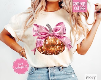 Pailletten Bogen Kürbis Shirt Komfort Farben, Herbst Tshirt, Kokette Kleidung, Oktober Vibes Shirt für Frauen Übergroße Rundhals T-shirt, Gruselige Saison