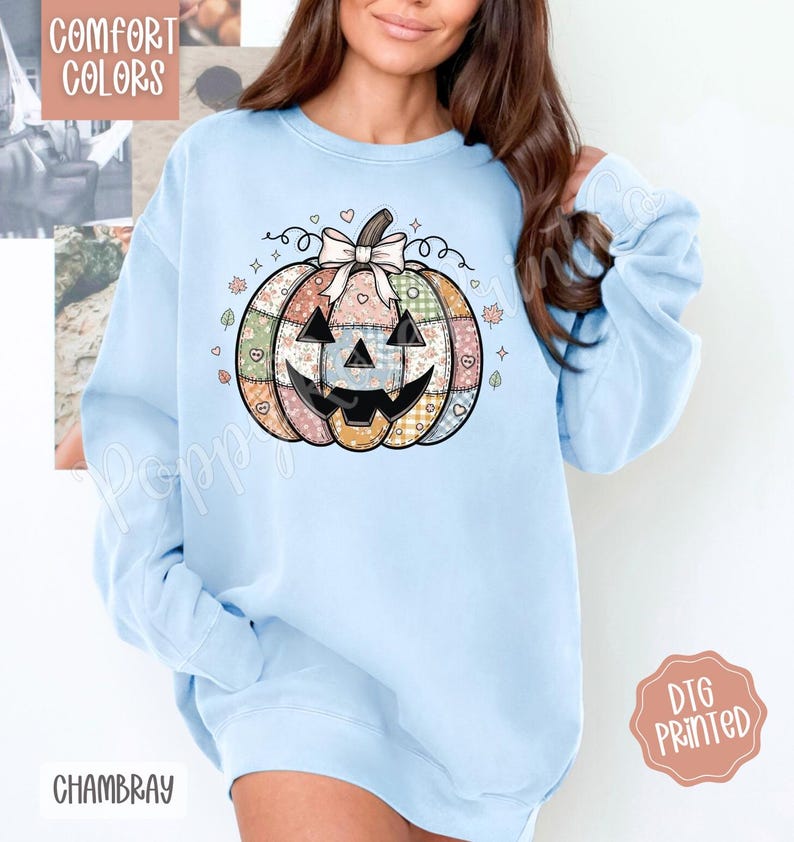 Patchwork Pumpkin Comfort Colors Sweatshirt, Trendy Crewneck, Quilted Pumpkin Sweater, Coquette Pumpkin Sweatshirt, Jack O Lantern Sweater bild 10