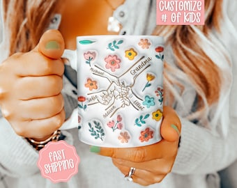 Personalized Grandma Mug, Holding kid hands Mom Grandma Mug, 11oz Ceramic Mug for Mimi Mom, Custom 3D Inflated Effect Printed Mug,  Nana Mug