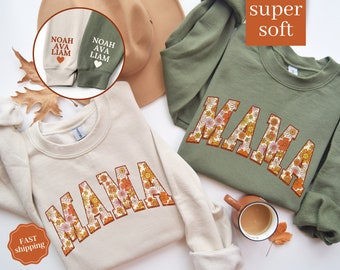 Mama Sweatshirt with Kids Name on Sleeve, Mothers Day Gift for Mom, New Mom Gift