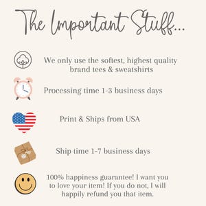 May include: Illustration of important information for an online shop. The image includes icons representing soft cotton tees, processing time, shipping from the USA, and a 100% happiness guarantee. The text reads: "The Important Stuff... We only use the softest, highest quality brand tees & sweatshirts. Processing time 1-3 business days. Print & Ships from USA. Ship time 1-7 business days. 100% happiness guarantee! I want you to love your item! If you do not, I will happily refund you that item."