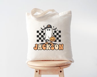 Sac personnalisé pour des friandises ou des bonbons, sac d'Halloween personnalisé, fourre-tout d'Halloween, sac d'Halloween pour enfant avec nom, sac personnalisé