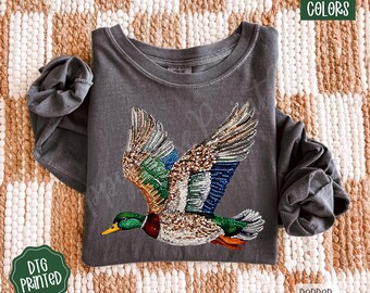 Faux Rhinestone Mallard Duck Comfort Colors Long Sleeve, Trendy Women's Crewneck, Hunting Lover Shirt, Duck Hunting Tee, Hunting Lover Gift