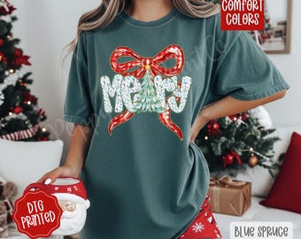 Coquette Merry Comfort Colors, Women's Christmas Tree Shirt, Christmas Girly Gift, Cute Christmas Bow Tee, Trendy Xmas Holiday TShirt