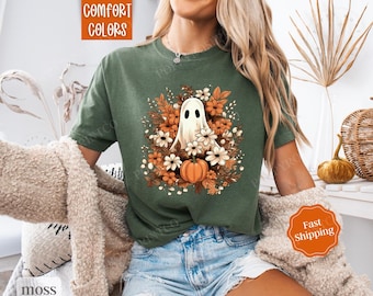 Fall Floral Ghost Shirt Comfort Colors, Halloween Tshirt for Women, Fall Floral Tshirt, Womens Halloween Tee, Vintage Floral Ghost Shirt