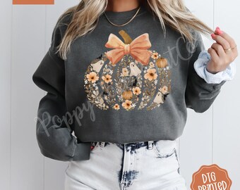 Sweat-shirt vintage citrouille à fleurs Comfort Colors®, chemise d'automne citrouille à fleurs, chemise fantôme d'Halloween coquette, t-shirt effrayant pour filles avec nœud d'Halloween