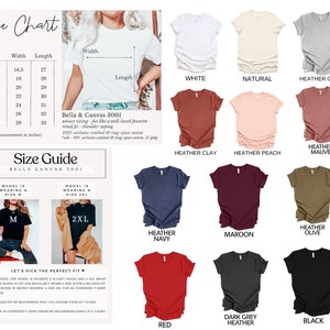 Op de afbeelding: Maattabel voor Bella + Canvas 3001 T-shirts, met afmetingen in inches voor maten XS tot 3XL. De tabel bevat ook een maatgids met modellen die een maat M en een maat 2XL T-shirt dragen. De tabel toont een verscheidenheid aan kleuren, waaronder wit, naturel, heather grey, heather clay, heather peach, heather mauve, heather navy, maroon, heather olive, rood, dark grey heather en zwart.