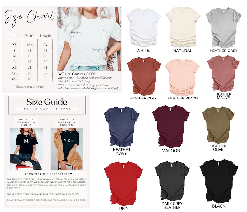 Op de afbeelding: Maattabel voor Bella + Canvas 3001 T-shirts, met afmetingen in inches voor maten XS tot 3XL. De tabel bevat ook een maatgids met modellen die een maat M en een maat 2XL T-shirt dragen. De tabel toont een verscheidenheid aan kleuren, waaronder wit, naturel, heather grey, heather clay, heather peach, heather mauve, heather navy, maroon, heather olive, rood, dark grey heather en zwart.