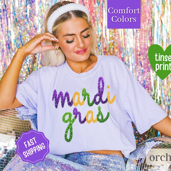 Comfort Colors Mardi Gras Shirt, Faux Tinsel Mardi Gras shirt, Oversized Mardi Gras Shirt, Sparkly Mardi Gras Party Shirt, Fat Tuesday Shirt