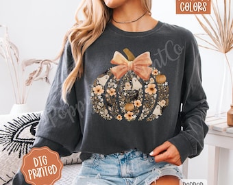 Comfort Colors® Vintage Floral Pumpkin Long Sleeve Shirt, Floral Pumpkin Fall Shirt, Coquette Halloween Ghost Shirt, Girly Halloween Bow Tee