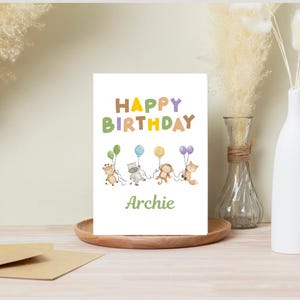 Carte d'anniversaire personnalisée pour enfants - Ballons animaux neutres - Nom et message personnalisés - 1-5 ans - Bébé tout-petit - Esthétique terreuse - Format A5, A6