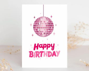 Pink Disco Ball Birthday Card: Retro 70s Party Vibes