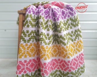 Crochet pattern of Flower  Blanket in Overlay Mosaic Technique
