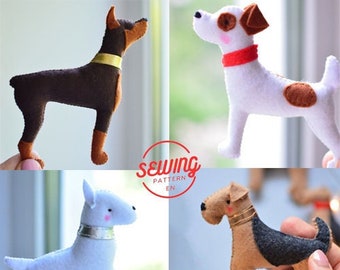 Dog Lovers Felt Sewing Pattern Set - PDF Sewing Tutorials Jack Russell , Bull terrier, Doberman and Airedale Terrier