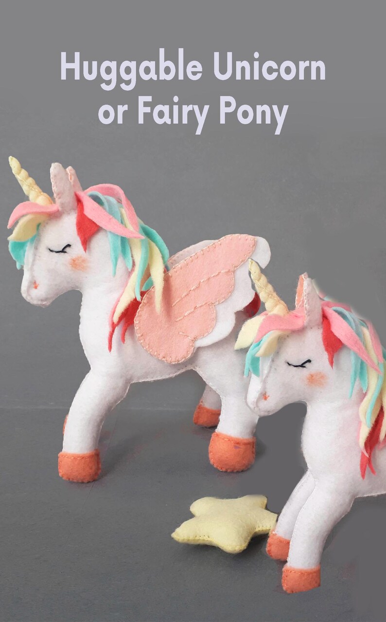A group of two felt unicorns in different pastel colors (pink, blue, and purple) showing how the pattern can be customized.