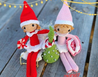 Wzór szydełkowy na świąteczną dziewczynkę-elfa | 12-calowa ruchoma figurka amigurumi | Zestaw świątecznych lalek i akcesoriów