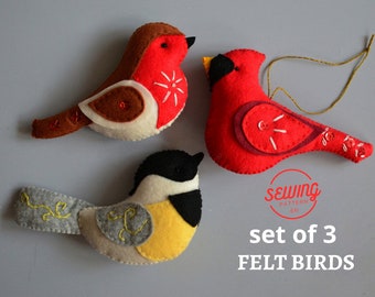 Felt Bird Sewing Patterns - Robin, Cardinal, Chickadee Set - DIY Digital Download